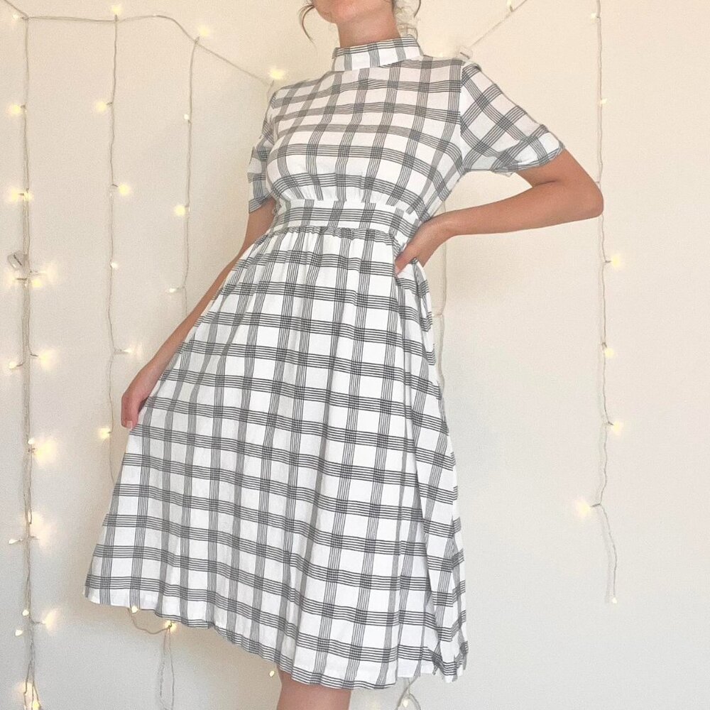 Striped large print gingham mock collar a line dress